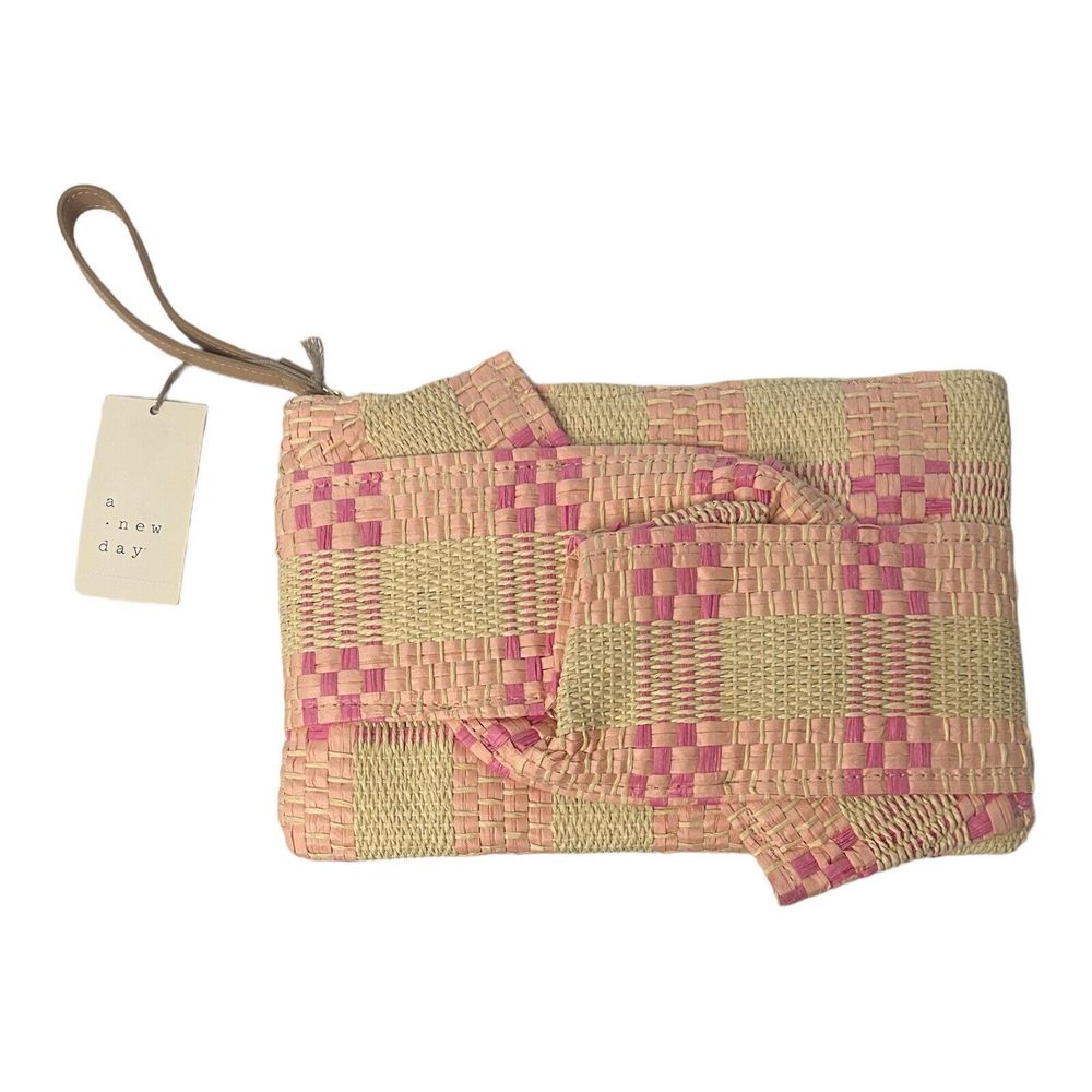 A New Day Pink Plaid Large Raffia Wristlet Clutch Purse 11.5x8 Bow MSRP$20
